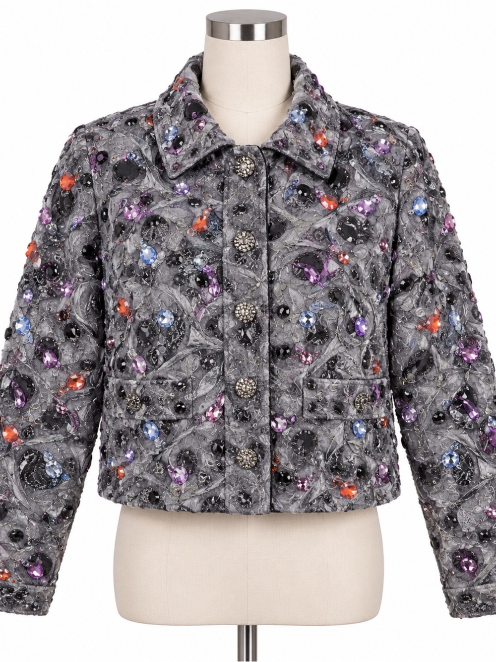 St John Sport Jacket Womens Medium Gray Gemstones Gems Button Up Luxury Shiny